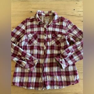 Sonoma Plaid Red White Cotton Flannel‎ Button Down Shirt Women’s Large Preloved
